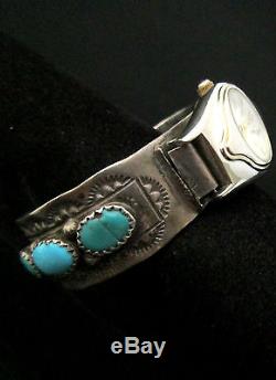 Vintage Old Pawn Silver and Turquoise Watch Cuff STERLING Fred Harvey TB139