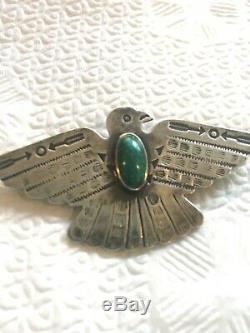 Vintage Old Pawn Sterling Silver Turquoise Thunderbird Pin Fred Harvey Era