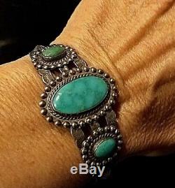 Vintage Old Pawn Turquoise & Sterling Silver Cuff Fred Harvey Era Signed P