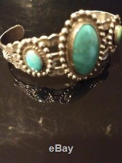 Vintage Old Pawn Turquoise & Sterling Silver Cuff Fred Harvey Era Signed P