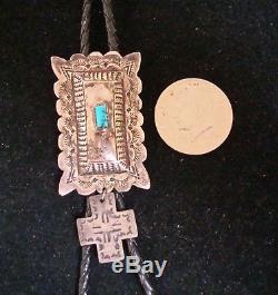 Vintage Old Pawn Turquoise Stone Sterling Silver Bolo Tie Navajo FRED HARVEY