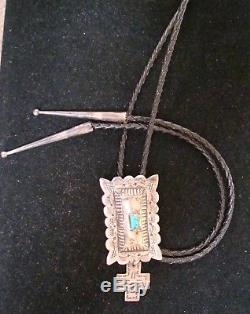 Vintage Old Pawn Turquoise Stone Sterling Silver Bolo Tie Navajo FRED HARVEY