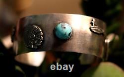 Vintage STERLING SILVER & TURQUOISE cuff bracelet FRED HARVEY ERA charms horse