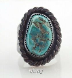 Vintage Signed Navajo Fred Harvey Era Old Pawn Turquoise Sterling Ring Sz 10.25