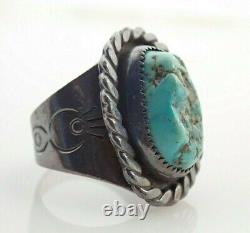 Vintage Signed Navajo Fred Harvey Era Old Pawn Turquoise Sterling Ring Sz 10.25