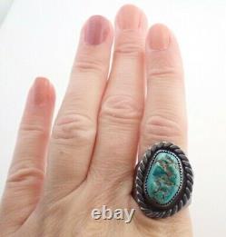 Vintage Signed Navajo Fred Harvey Era Old Pawn Turquoise Sterling Ring Sz 10.25