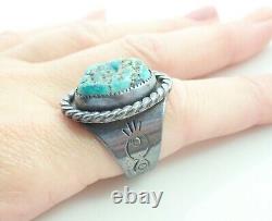 Vintage Signed Navajo Fred Harvey Era Old Pawn Turquoise Sterling Ring Sz 10.25