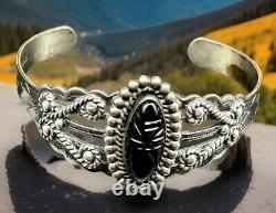 Vintage Sterling Native American Fred Harvey Carved Black Onyx Cuff Bracelet