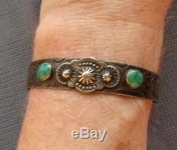 Vintage Sterling Silver Fred Harvey Era Green Turquoise Stamped Bracelet Lovely