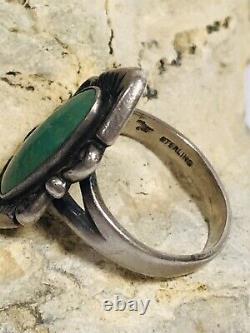 Vintage Sterling Silver Fred Harvey Native American Green Turquoise Ring 7.5