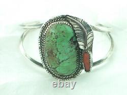 Vintage Sterling Silver Native American Kingman Turquoise & Coral Cuff Bracelet