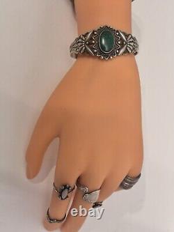 Vintage Sterling Silver Navajo Fred Harvey Era Green Turquoise Cuff Bracelet 25g