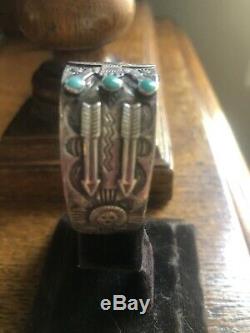 Vintage Sterling Silver Turquoise Fred Harvey Arrow Knifewing Watch Band Ca. 40s