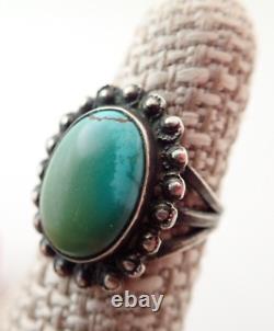 Vintage TC Signed Navajo Fred Harvey Era Green Blue Turquoise Sterling Ring 5.5