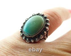 Vintage TC Signed Navajo Fred Harvey Era Green Blue Turquoise Sterling Ring 5.5