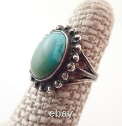 Vintage TC Signed Navajo Fred Harvey Era Green Blue Turquoise Sterling Ring 5.5