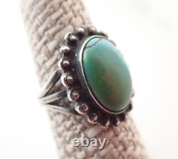 Vintage TC Signed Navajo Fred Harvey Era Green Blue Turquoise Sterling Ring 5.5