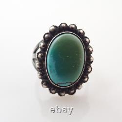 Vintage TC Signed Navajo Fred Harvey Era Green Blue Turquoise Sterling Ring 5.5