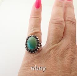 Vintage TC Signed Navajo Fred Harvey Era Green Blue Turquoise Sterling Ring 5.5