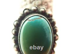 Vintage TC Signed Navajo Fred Harvey Era Green Blue Turquoise Sterling Ring 5.5