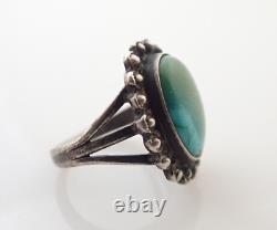 Vintage TC Signed Navajo Fred Harvey Era Green Blue Turquoise Sterling Ring 5.5