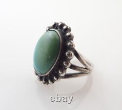 Vintage TC Signed Navajo Fred Harvey Era Green Blue Turquoise Sterling Ring 5.5