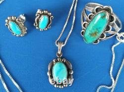 Vintg Turquoise Navajo Fred Harvey Era Sterling Silver Necklace Earring Ring Lot