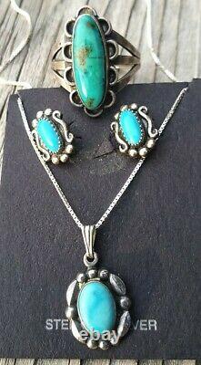 Vintg Turquoise Navajo Fred Harvey Era Sterling Silver Necklace Earring Ring Lot