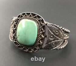 Vtg 1940s Fred Harvey Era Navajo Sterling Silver Stamped Turquoise Cuff Bracelet