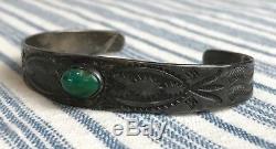 Vtg FRED HARVEY Silver NAVAJO Turquoise Stamped Bracelet cuff WHIRLING LOG