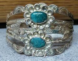 Vtg Fred Harvey Coin Silver Large Turquiose ARROWHEAD Cuff Bracelet Signed