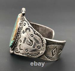 Vtg Fred Harvey Era Navajo #8 Turquoise Sterling Silver Stamped Cuff Bracelet
