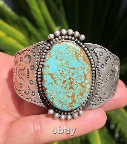 Vtg Fred Harvey Era Navajo #8 Turquoise Sterling Silver Stamped Cuff Bracelet