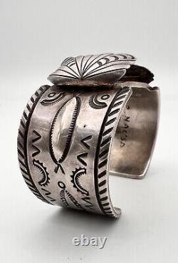 Vtg Fred Harvey Era Navajo Deep Stamped Sterling Silver Watch Cuff Bracelet 103g