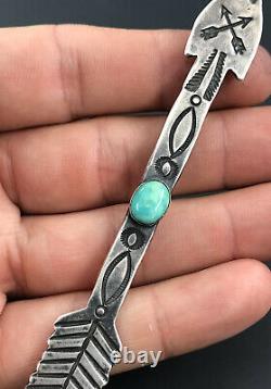Vtg Fred Harvey Era Navajo Stamped Sterling Silver Turquoise ARROW Brooch 4 1/8