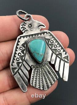 Vtg Fred Harvey Era Navajo Stamped Sterling Silver Turquoise THUNDERBIRD Pendant