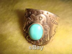 Vtg. Fred Harvey Era Navajo Ster. Silver Turquoise Thunderbird Cigarband Ring 8