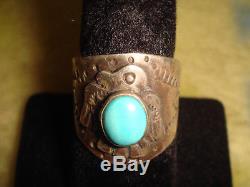 Vtg. Fred Harvey Era Navajo Ster. Silver Turquoise Thunderbird Cigarband Ring 8