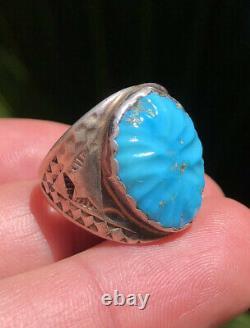 Vtg Fred Harvey Era Navajo Sterling Silver Carved Sleeping Beauty Turquoise Ring