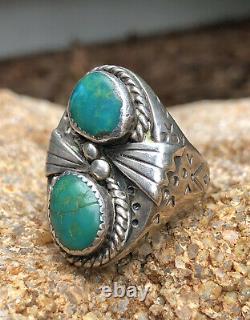 Vtg Fred Harvey Era Navajo Sterling Silver Cerrillos Turquoise Stamped Mens Ring