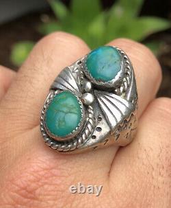 Vtg Fred Harvey Era Navajo Sterling Silver Cerrillos Turquoise Stamped Mens Ring