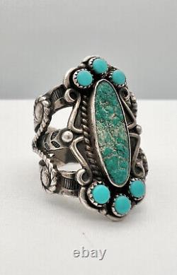 Vtg Fred Harvey Era Navajo Sterling Silver Turquoise Stamped Wide Ring