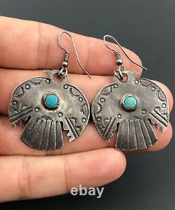 Vtg Fred Harvey Era Navajo Sterling Silver Turquoise Thunderbird Dangle Earrings
