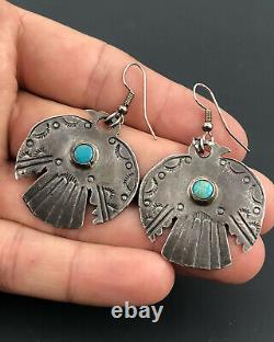 Vtg Fred Harvey Era Navajo Sterling Silver Turquoise Thunderbird Dangle Earrings