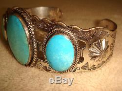 Vtg. Fred Harvey Era Old Pawn Navajo Sterling Silver 3 Turquoise Cuff Bracelet