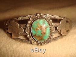 Vtg. Fred Harvey Era Old Pawn Sterling Silver, Green Turquoise Thunderbird Cuff