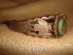 Vtg. Fred Harvey Era Old Pawn Sterling Silver, Green Turquoise Thunderbird Cuff