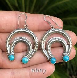 Vtg Fred Harvey Era Pawn Navajo Sterling Silver Turquoise Naja Dangle Earrings