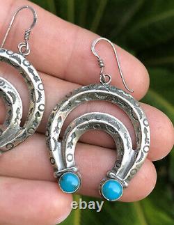 Vtg Fred Harvey Era Pawn Navajo Sterling Silver Turquoise Naja Dangle Earrings