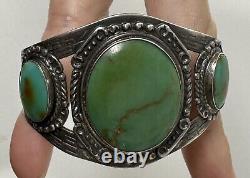 Vtg Fred Harvey Era Sterling Silver Cerrillos Green Turquoise Cuff Bracelet